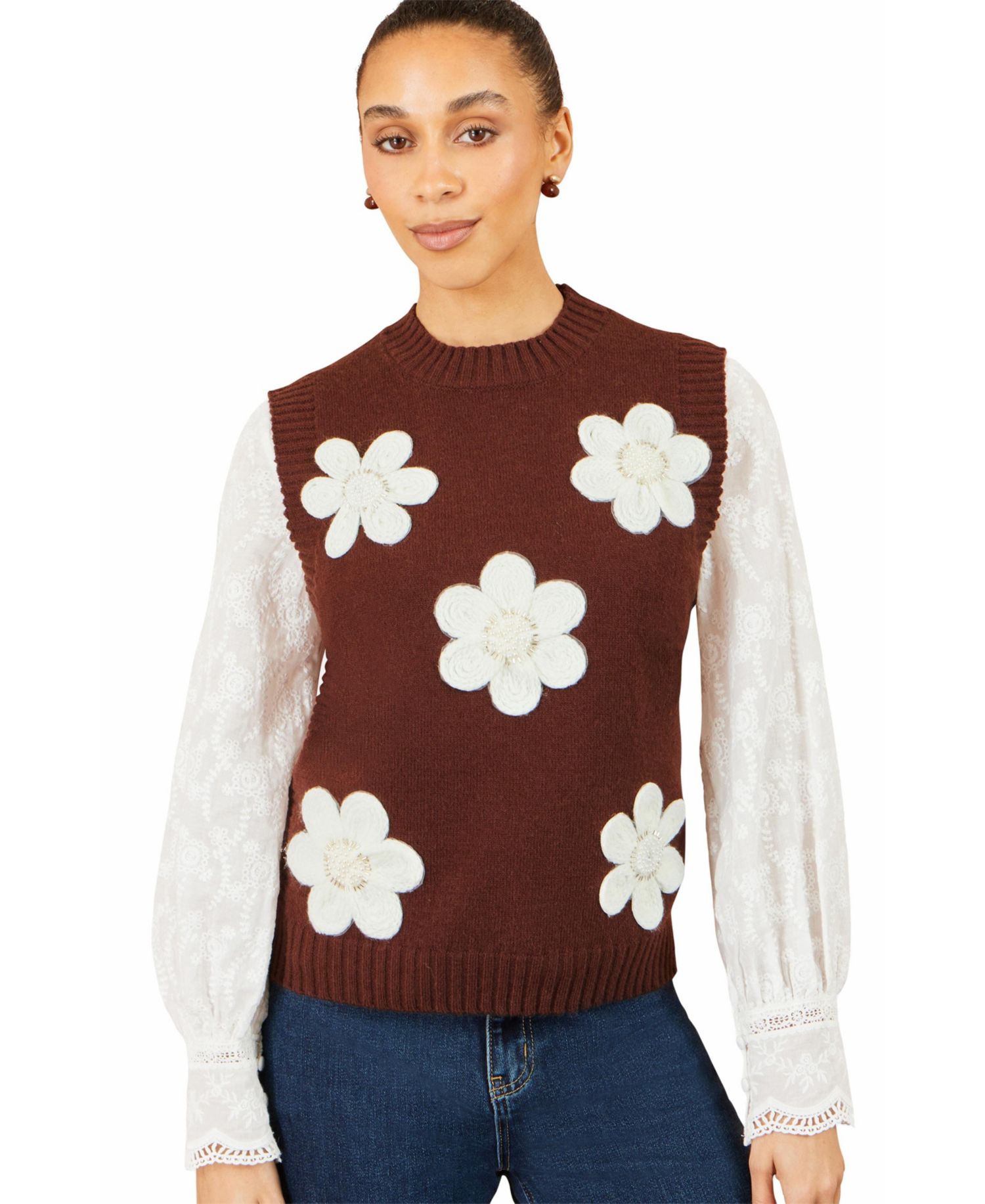 Women's Floral-Print Applique Sleeveless Sweater Vest