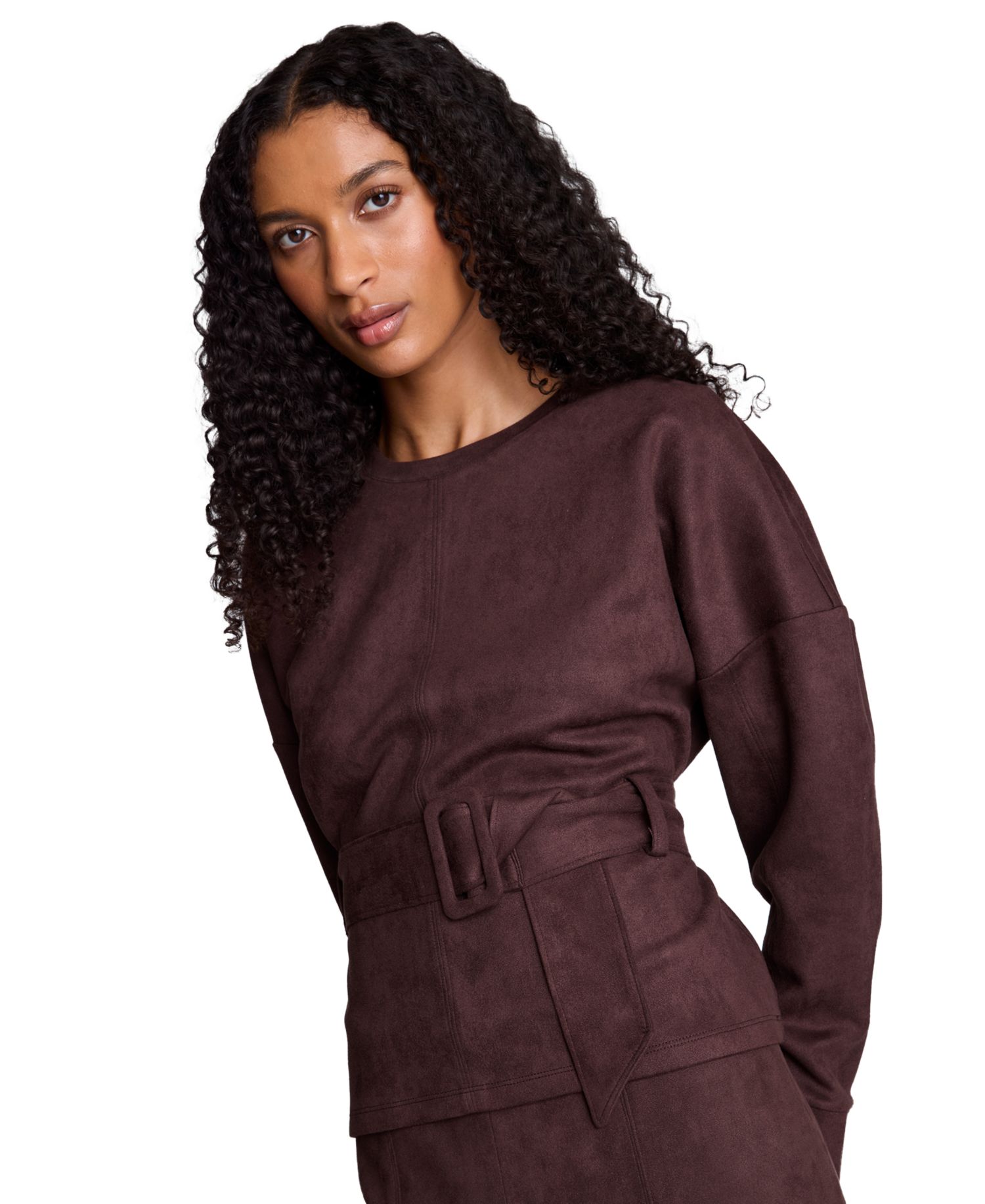 Women's Faux Suede Belted Crewneck Long Sleeve Pullover