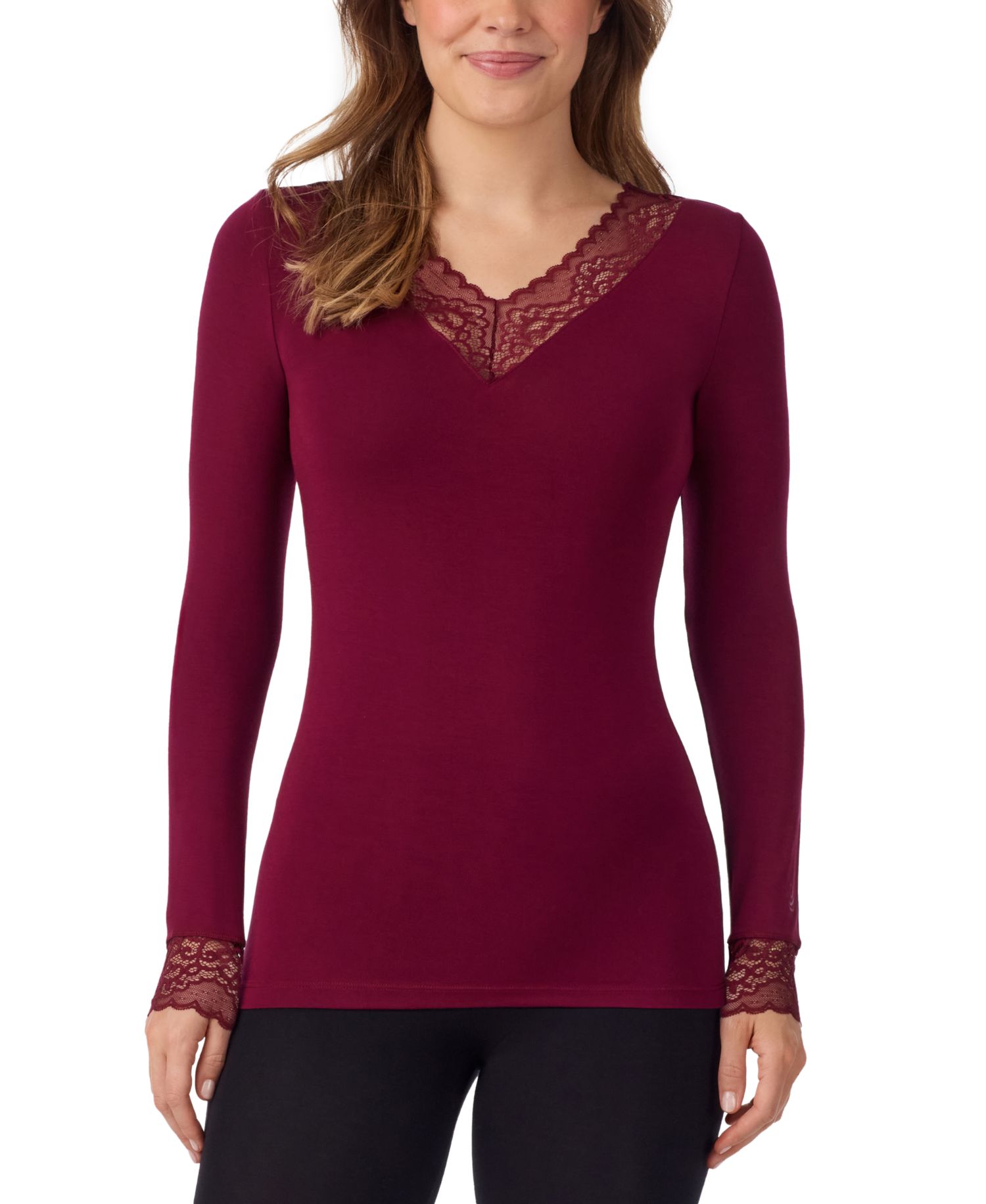 Women's Softwear with Stretch Long Sleeve V-Neck with Lace Sleep Top