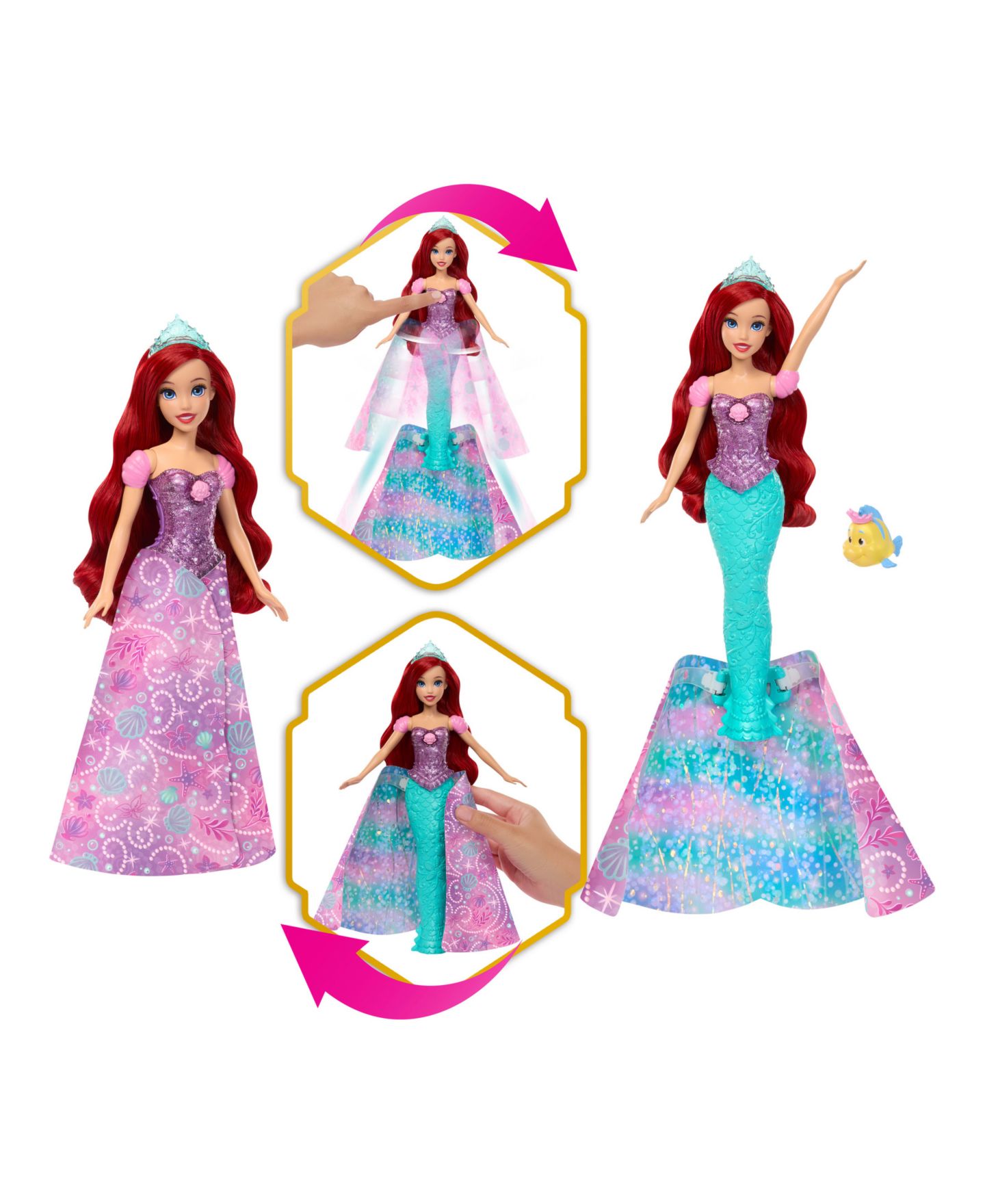 Детская кукла Disney Princess Transforming Ariel Fashion Doll with Flounder & 2 Accessories, Ages 3+ — фото 3