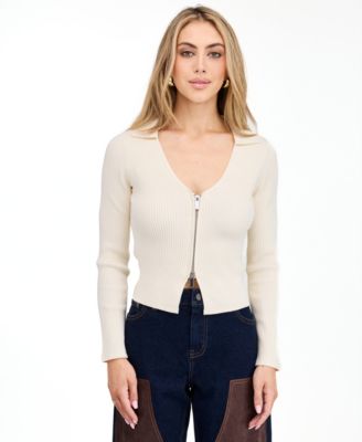 Women's Zip Sweater V-Neck Ribbed-Knit Sweater
