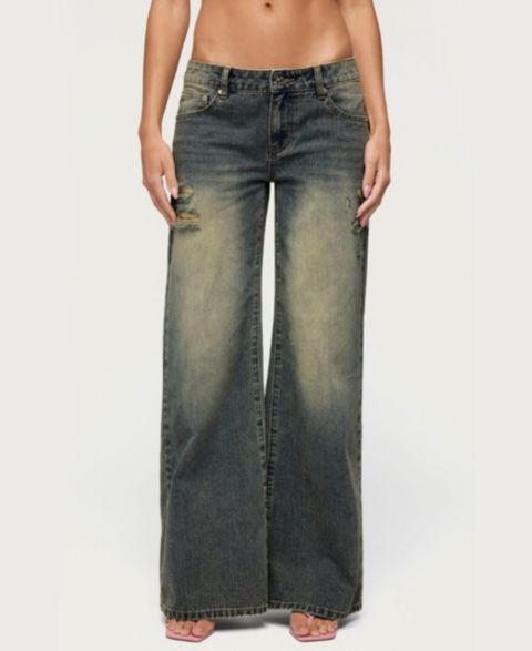 Женские джинсы Edikted Noor Low-Rise Baggy Distressed, цвет: Синий винтажный потёртый