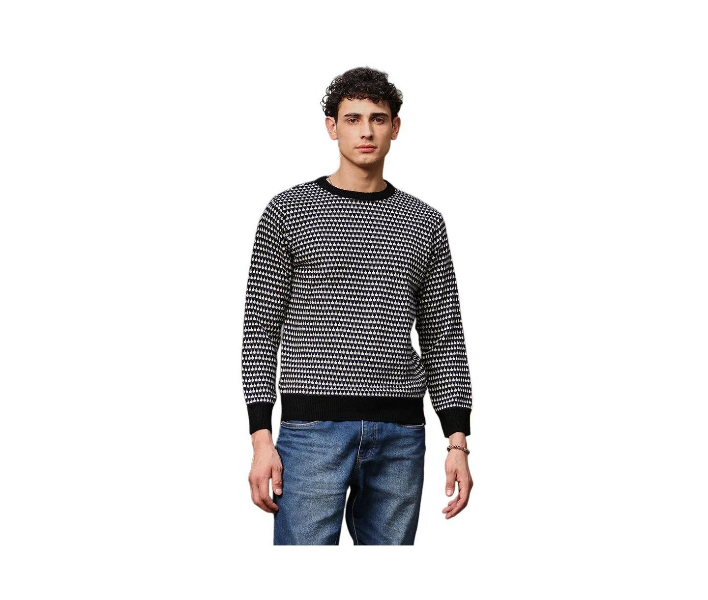 Мужской свитер Campus Sutra Contrast-Jacquard Knit Pullover, цвет: Чёрный — фото 1