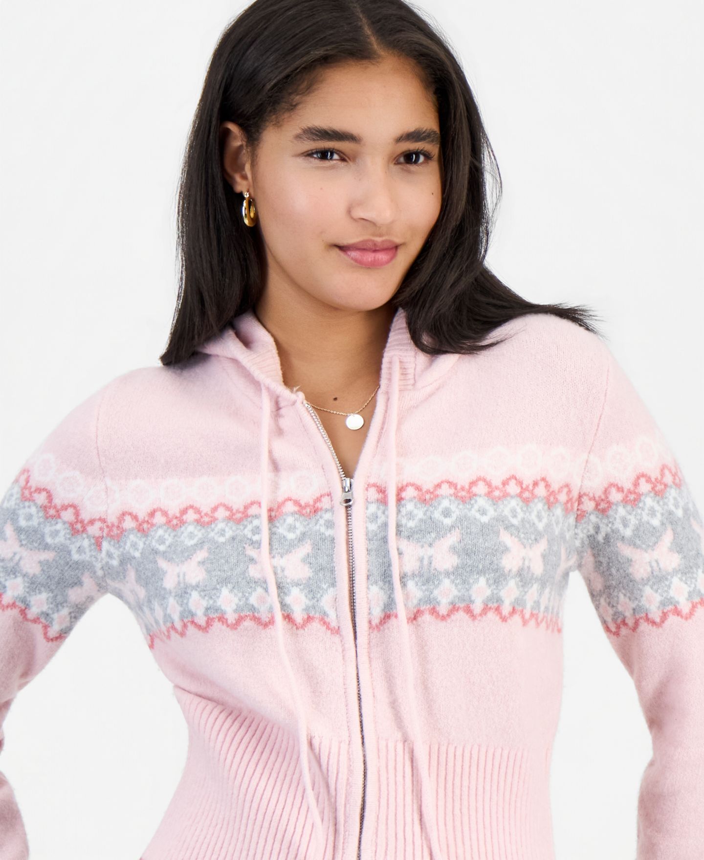 Женский кардиган Madden Girl Juniors' Fair Isle Double Zip Hooded, цвет: Ballet Slipper — фото 3