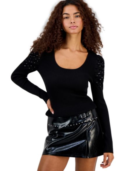 Женский свитер Madden Girl Juniors' Scoop-Neck Embellished Puff-Sleeve Pullover, цвет: Чёрный