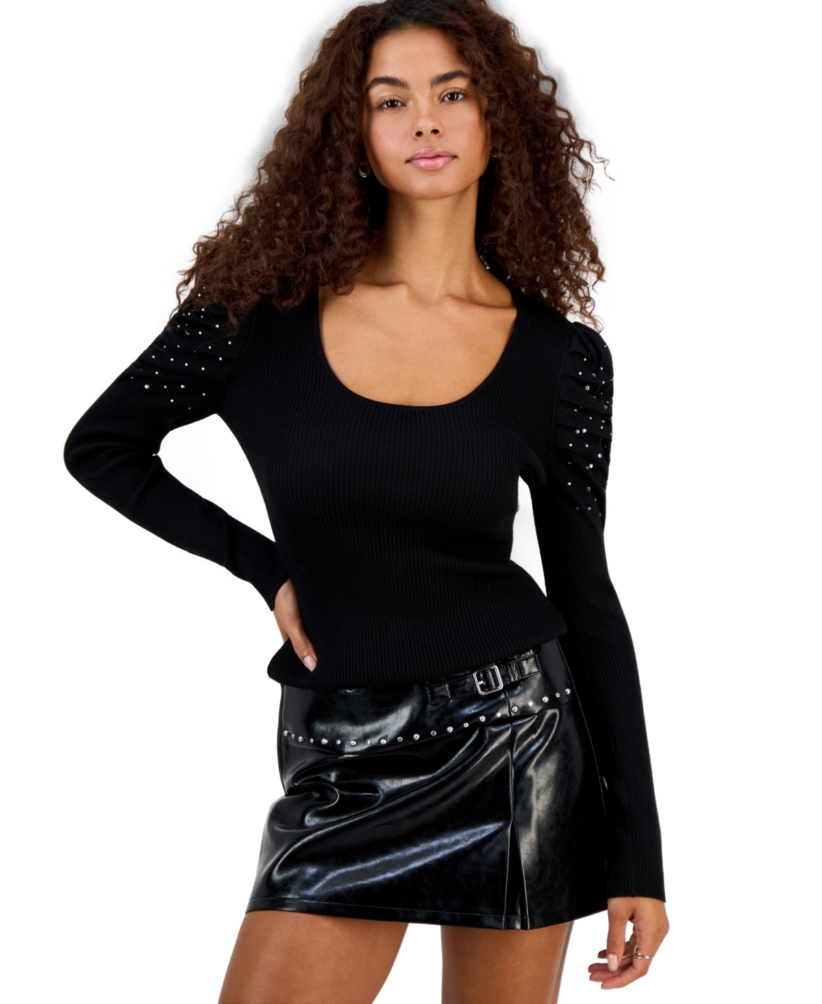 Madden Girl Juniors' Scoop-Neck Embellished Puff-Sleeve Pullover Sweater