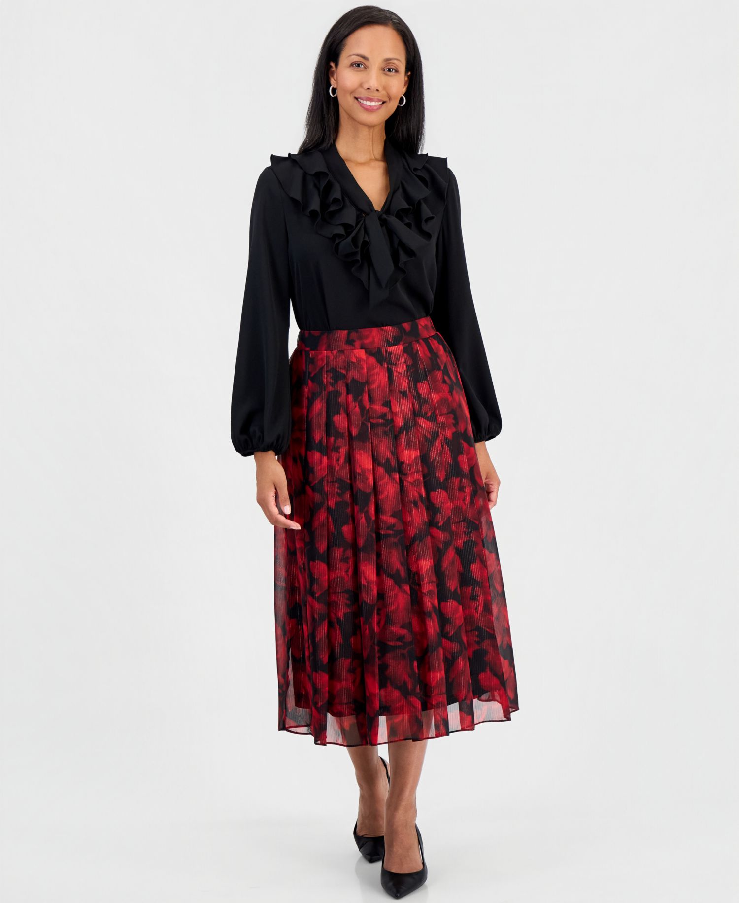 Petite Pleated Midi Lined Chiffon Skirt
