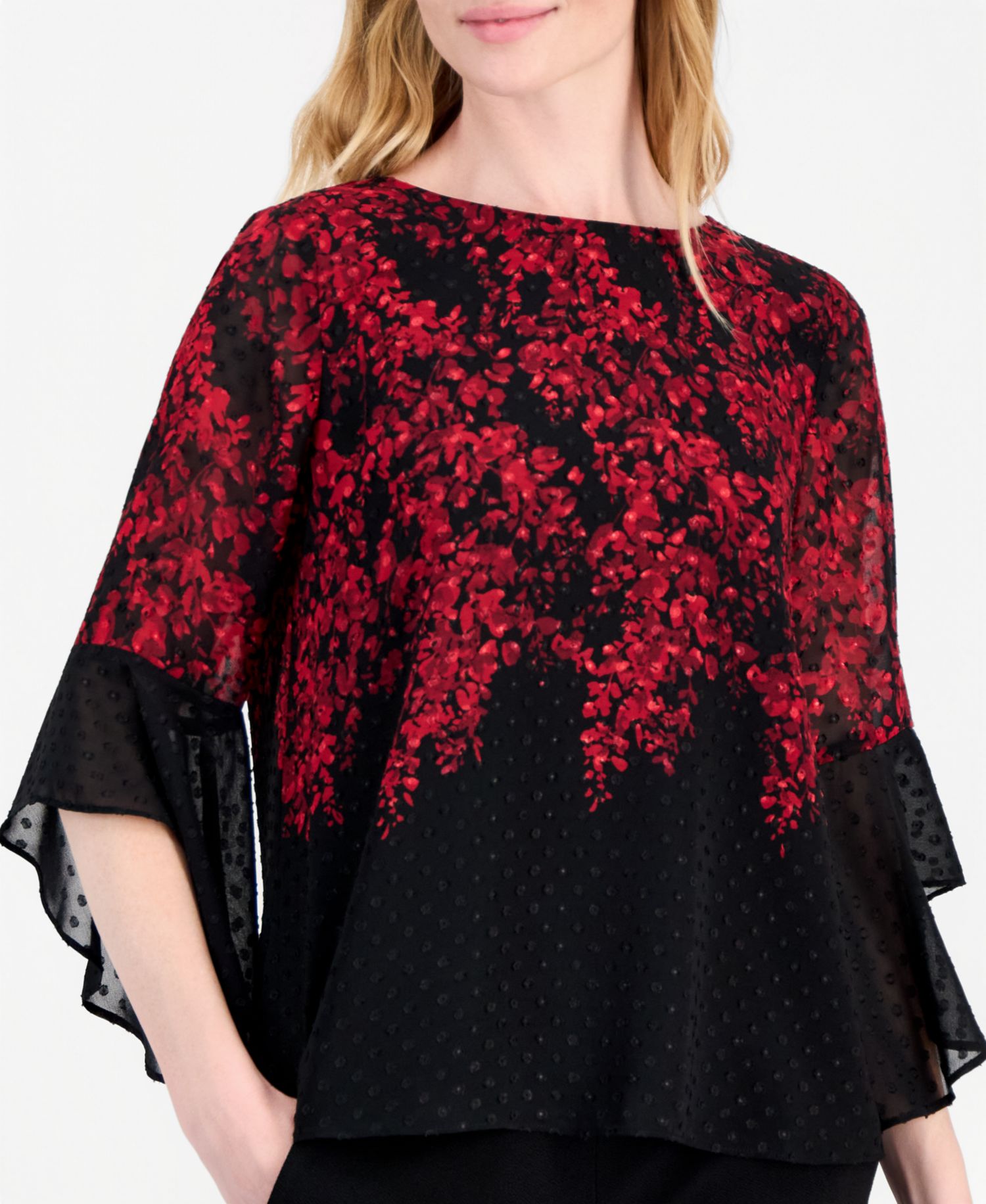 Petite Ruffle-Sleeve Floral Boat-Neck Blouse