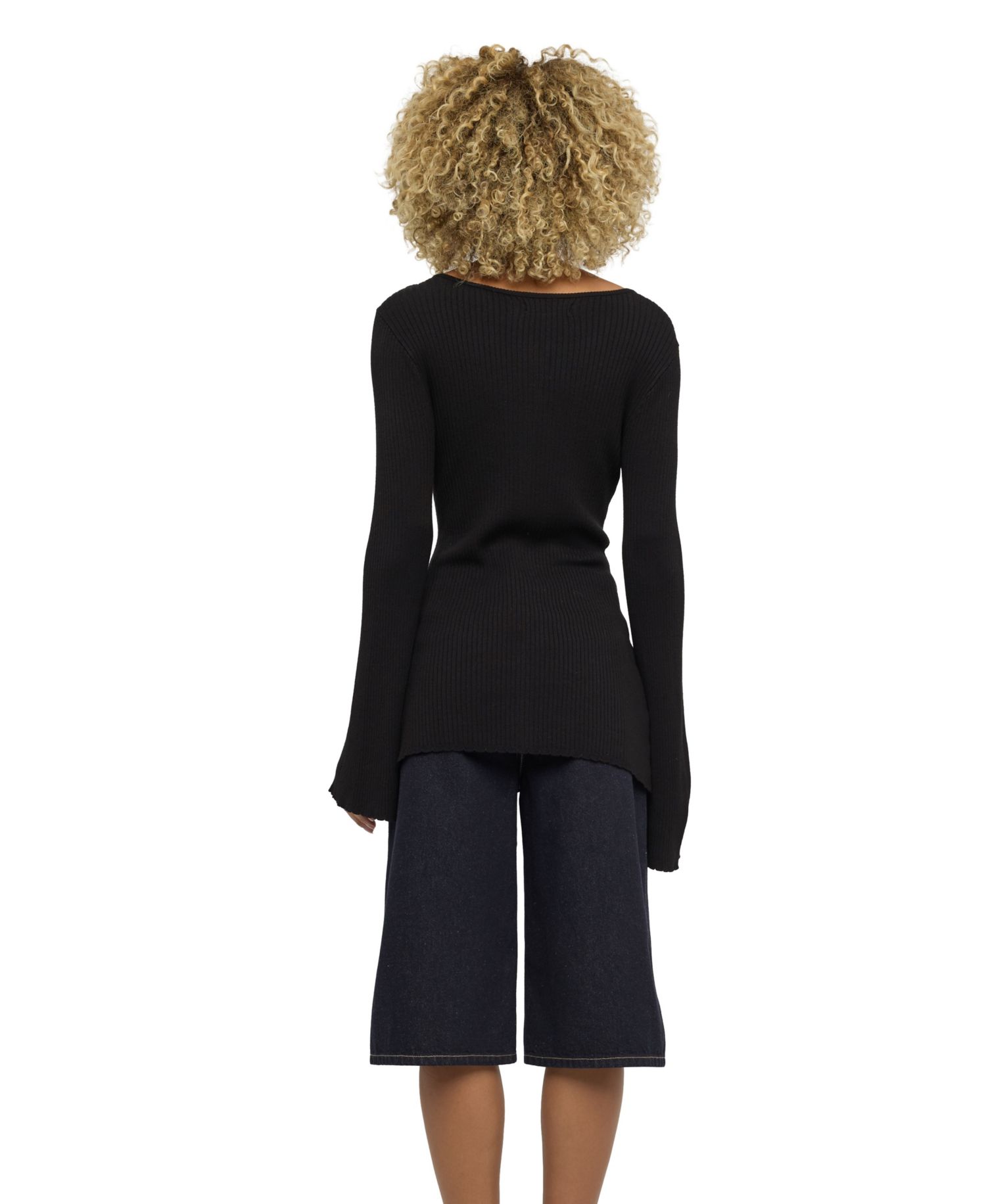 Women's Ribbed-Knit Bell-Sleeve Button-Up Top