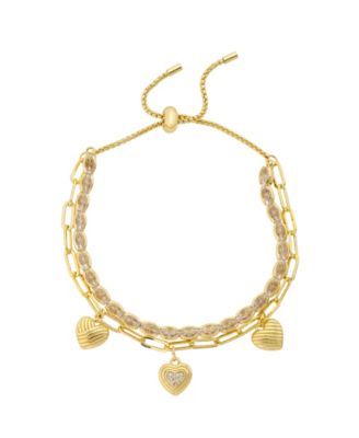 Cubic Zirconia Gold-Plated Heart Charm Double Layer Bolo Bracelet