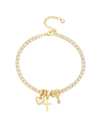 Cubic Zirconia Gold-Plated Cross and Heart Charm Tennis Bracelet
