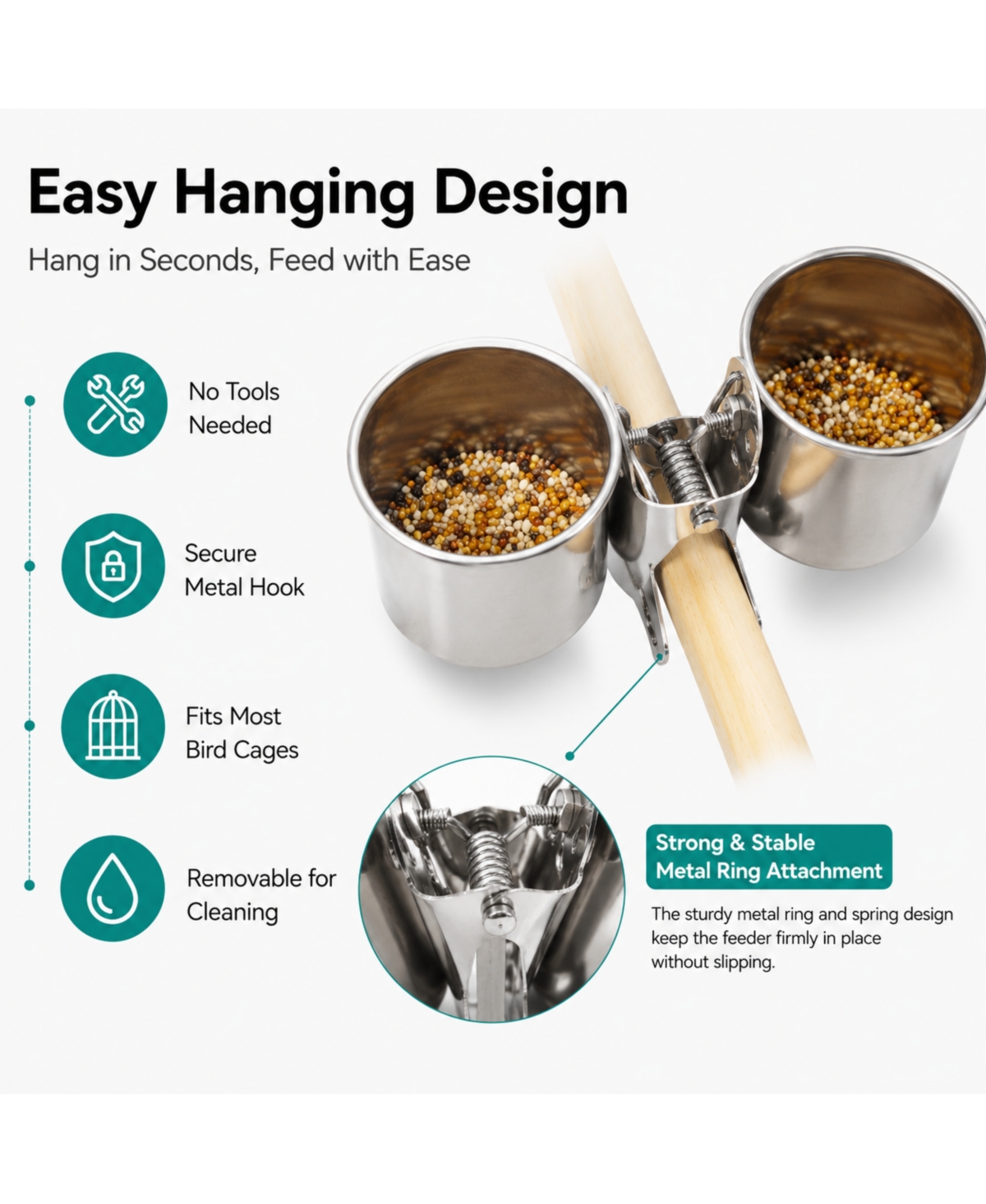 ProMounts Bird Feeding Cup Set (3 Pairs) Stainless Steel Twin Cage Feeders for Food and Water | Small, Medium and Large Bird Cups