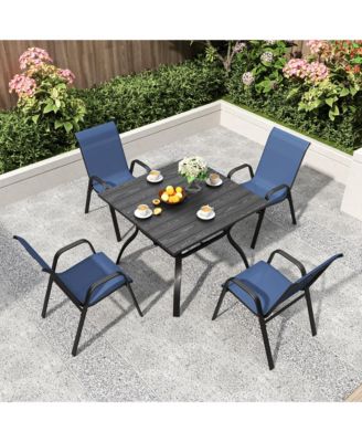 5 Piece Patio Dining Set, Wood Grain Table with Umbrella Hole and 4 Stackable Textilene Chairs