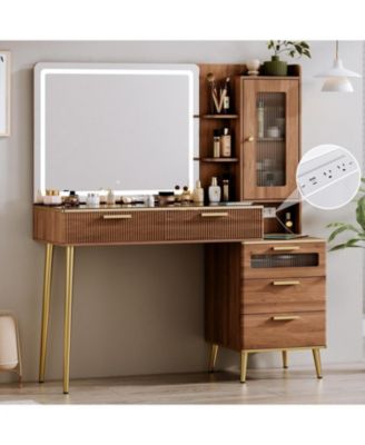 Vanity Desk with LED Mirror, 47" Makeup Vanity Table with Charging Station, 5 Drawers and Detachable Side Cabinet