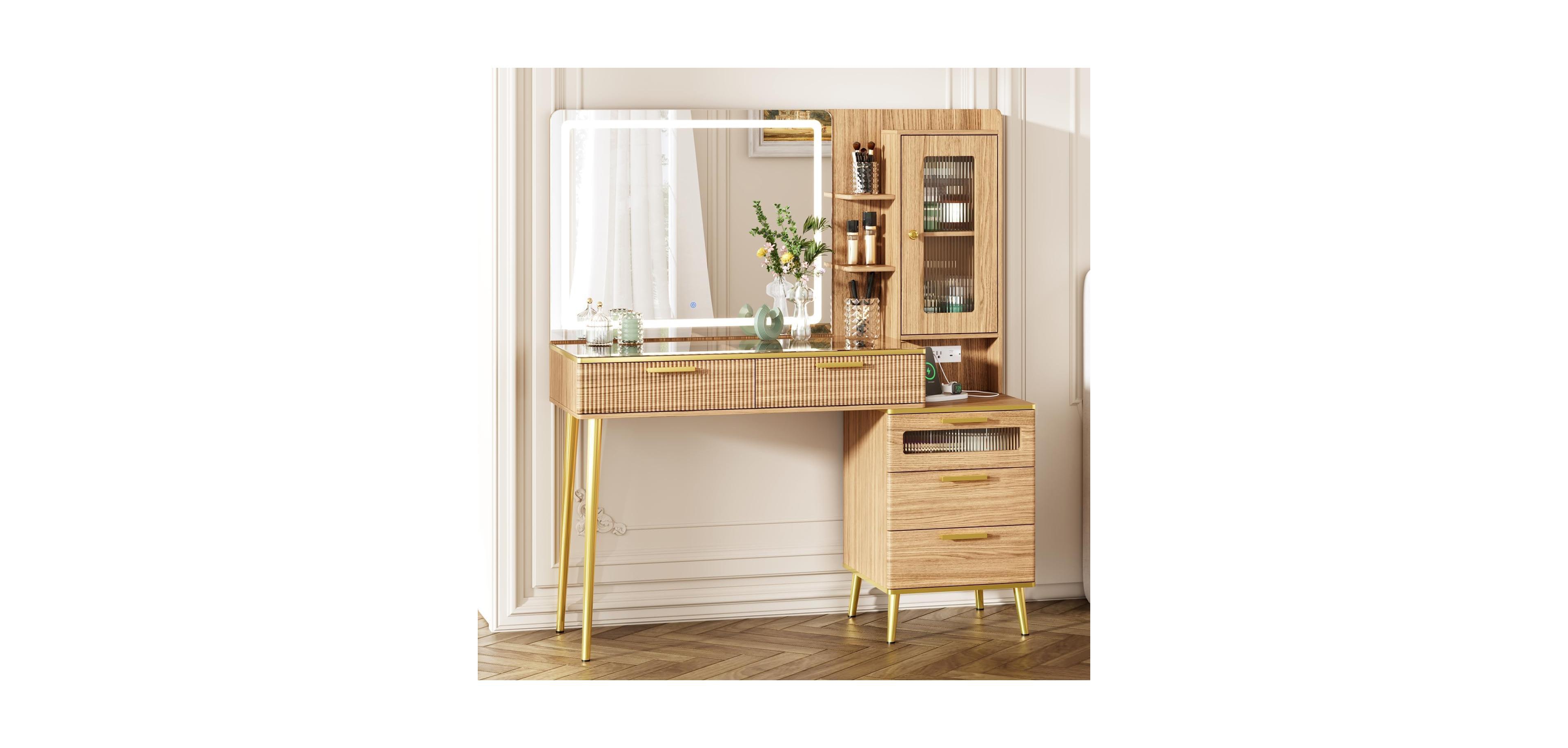 gaomon Vanity Desk with Led Mirror, 47" Makeup Table Charging Station, 5 Drawers and Detachable Side Cabinet