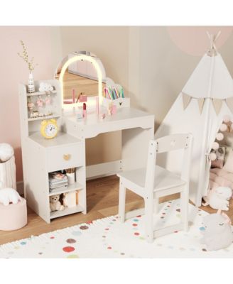 Kids Vanity Table and Chair Set, Kids Vanity Set with Open Shelves, Hook, Drawer, Double Layered Open Cabinet, Pen Holder