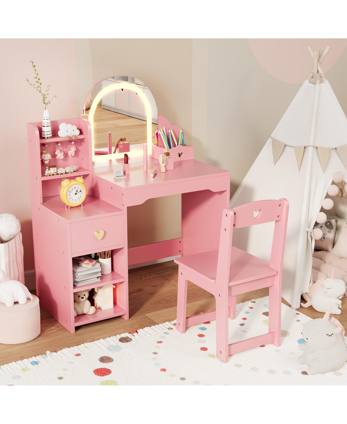 gaomon Kids Vanity Table and Chair Set, Set with Open Shelves, Hook, Drawer, Double Layered Cabinet, Pen Holder