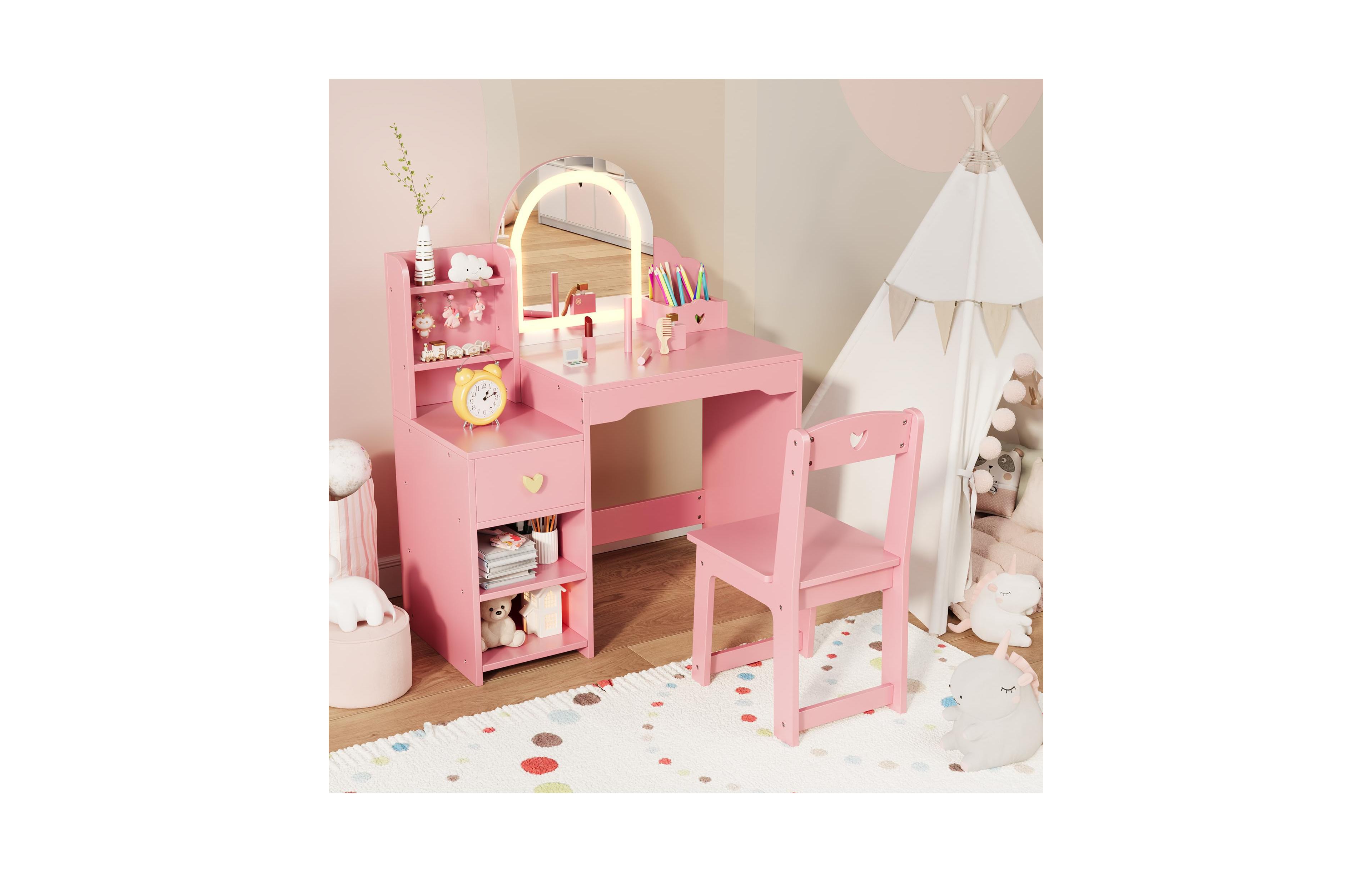 gaomon Kids Vanity Table and Chair Set, Set with Open Shelves, Hook, Drawer, Double Layered Cabinet, Pen Holder