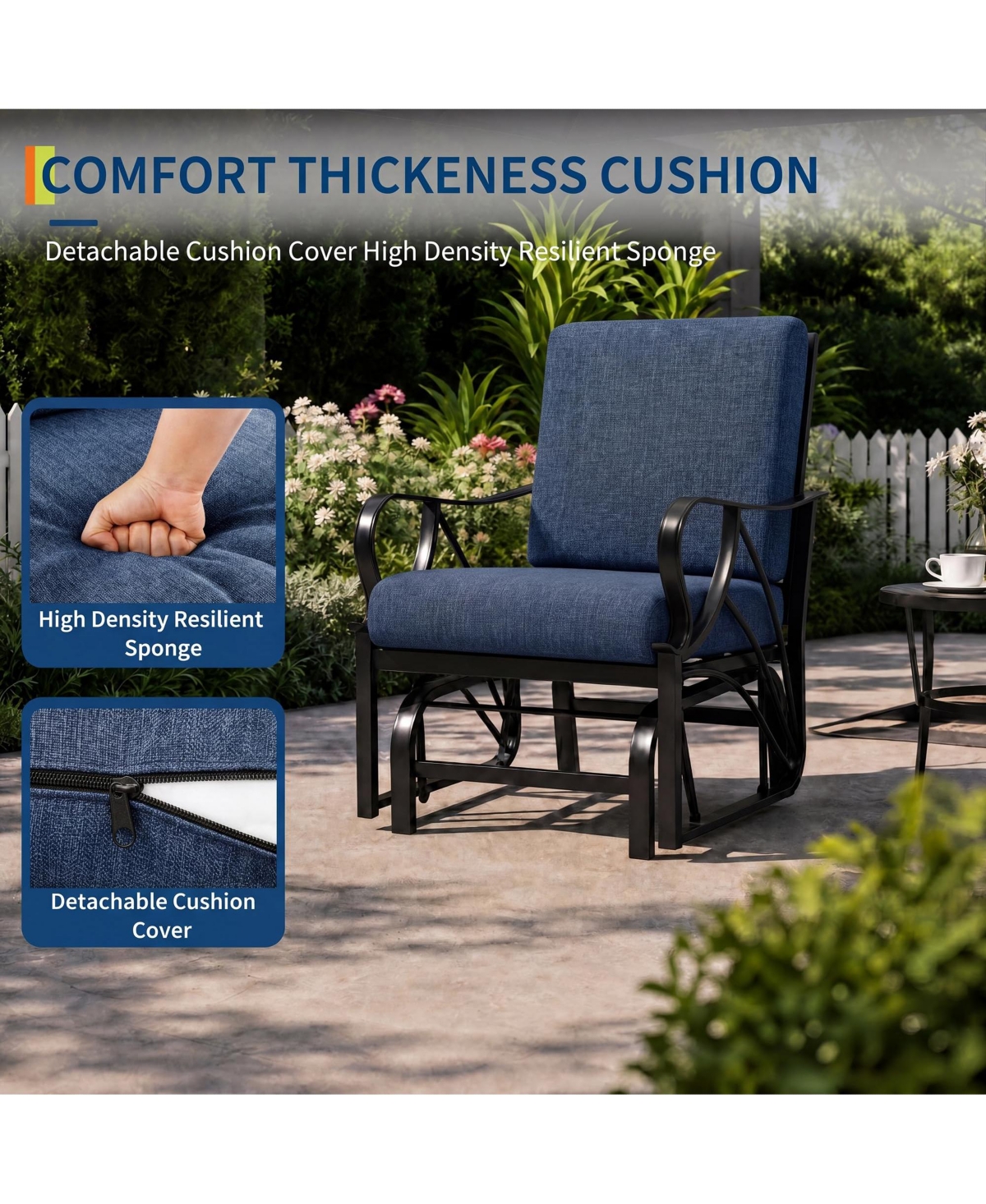 homfan Porch Glider with Removable Cushion, Outdoor Rocking Chair Heavy-Duty Metal Frame, Curved Armrests for Patio