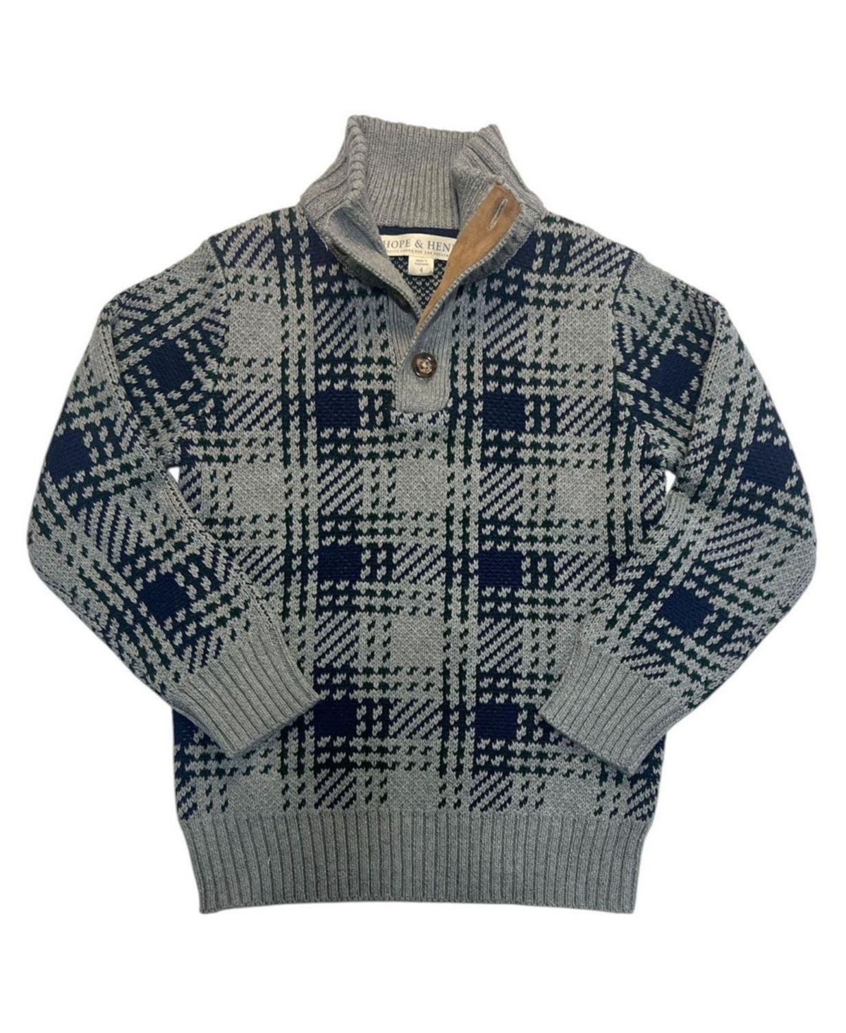 Hope & Henry Little and Big Boys' Organic Mock Neck Intarsia Sweater - Classic gray plaid intarsia