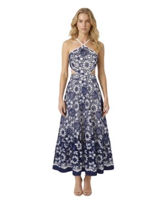 Women's Embroidered Floral Halter Midi Dress