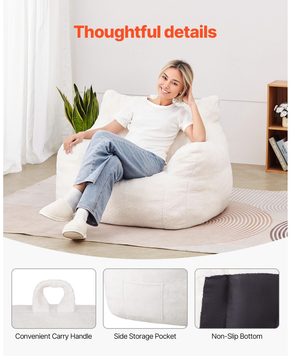 Sugift 3 Feet Bean Bag Chair with Soft Armrests Storage Pocket 25D Memory Foam Teddy Velvet Cover