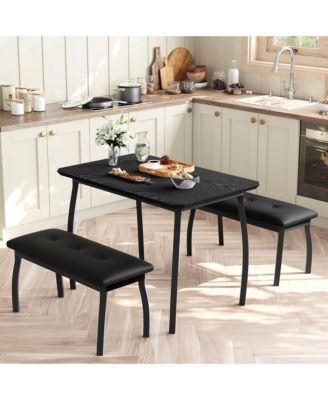 3-Piece Dining Set for 4, Cut-Angle Tabletop Metal Frame, 2 Soft PU Padded Benches, Industrial Kitchen Dinette