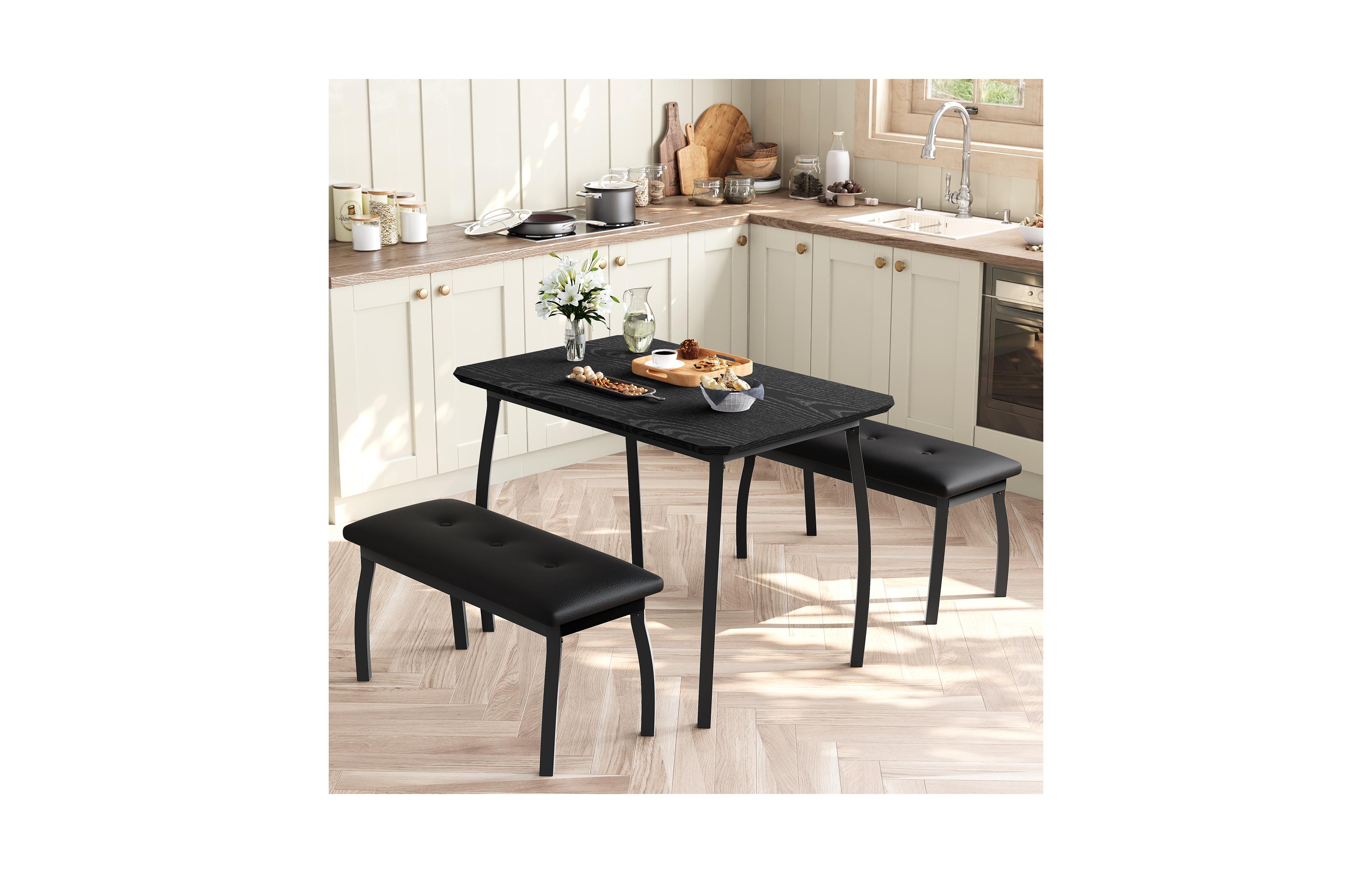 homfan 3-Piece Dining Set for 4, Cut-Angle Tabletop Metal Frame, 2 Soft Pu Padded Benches, Industrial Kitchen Dinette