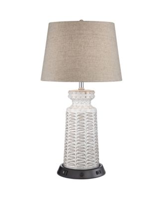360 Lighting Helene Country Cottage Table Lamp 26" High Cream Ceramic with Dimmable USB Workstation Base Drum Linen for Living Room Desk