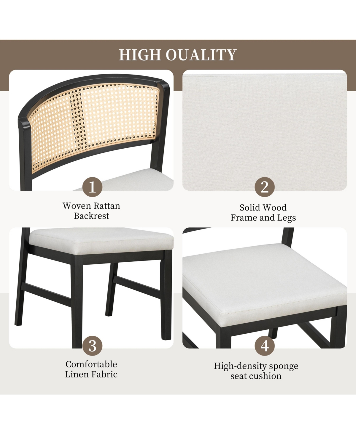 Flynama Set of 2 Rubber Wood Upholstered Rattan Back Dining Chairs