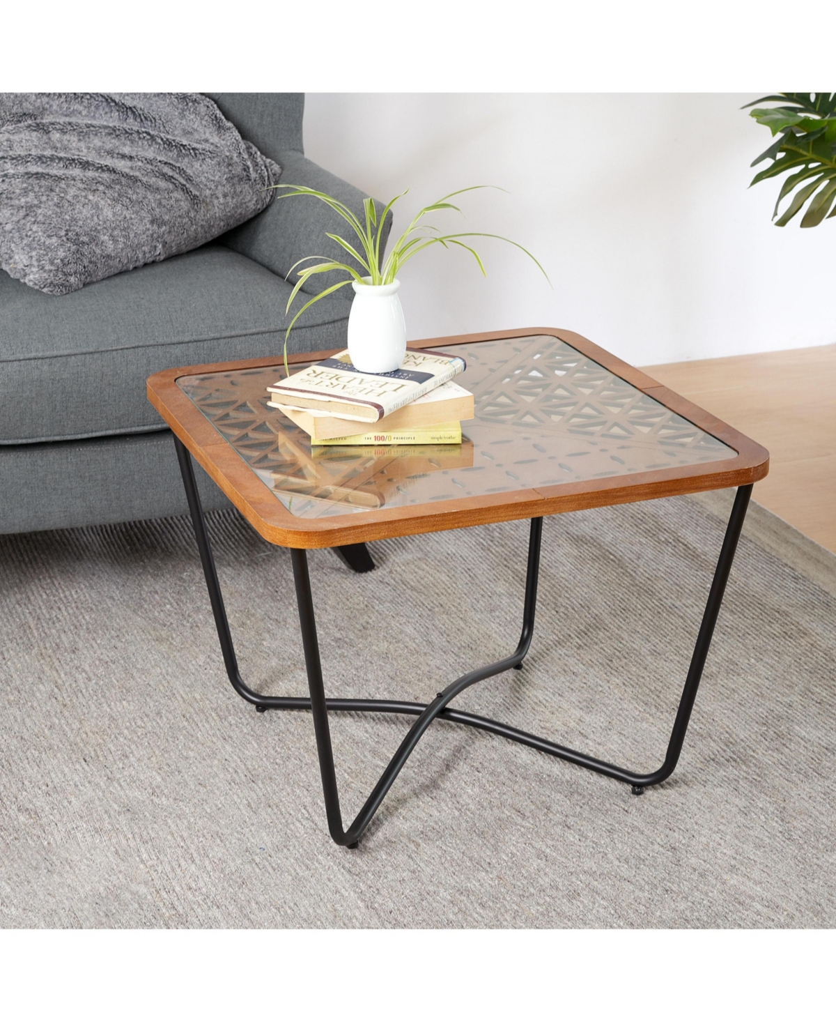 flynama Modern Industrial Square Coffee Table Glass Top Metal Frame Wooden Accent Living Room Table