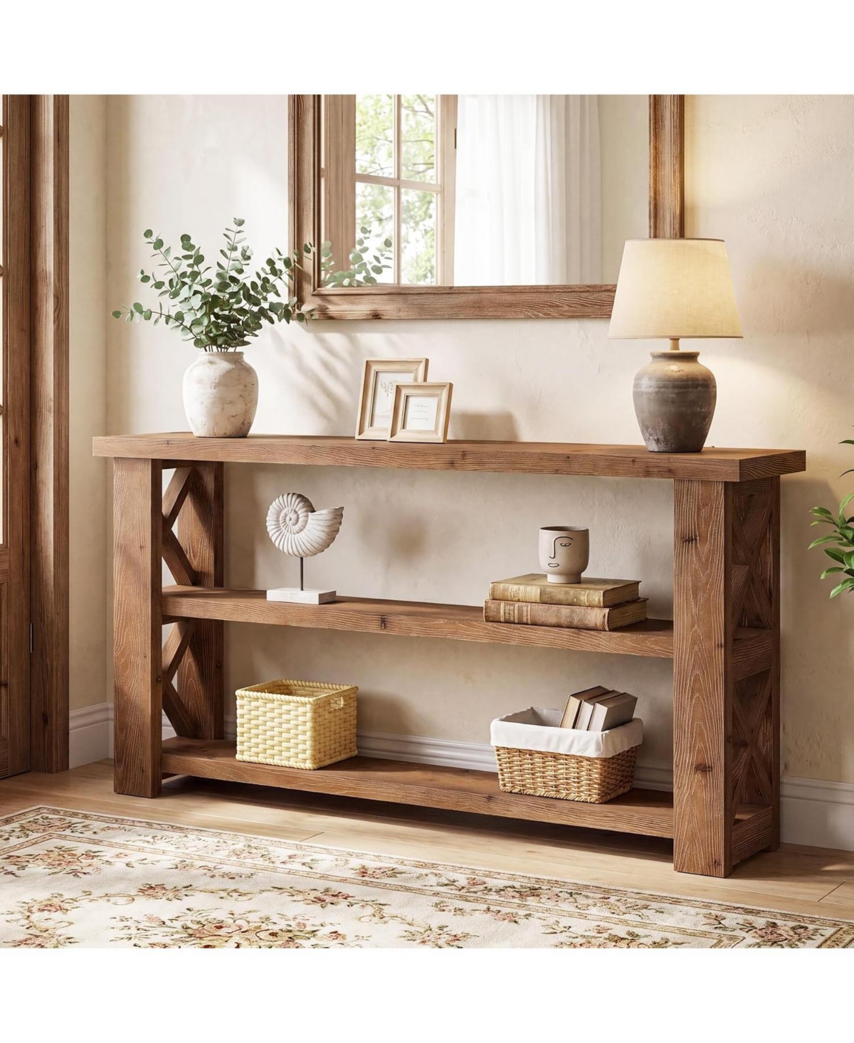 Tribesigns Solid Wood Console Table,63" Sofa Table with X-Shaped Frame