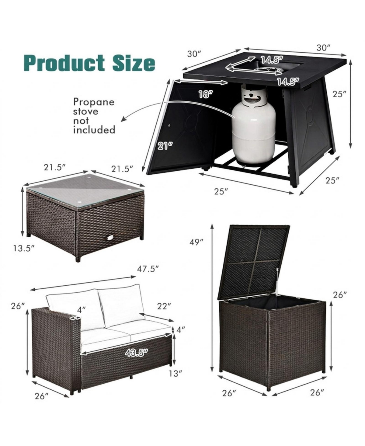 Gouun 5-Piece Patio Furniture Set with 50000 Btu Propane Fire Pit Table