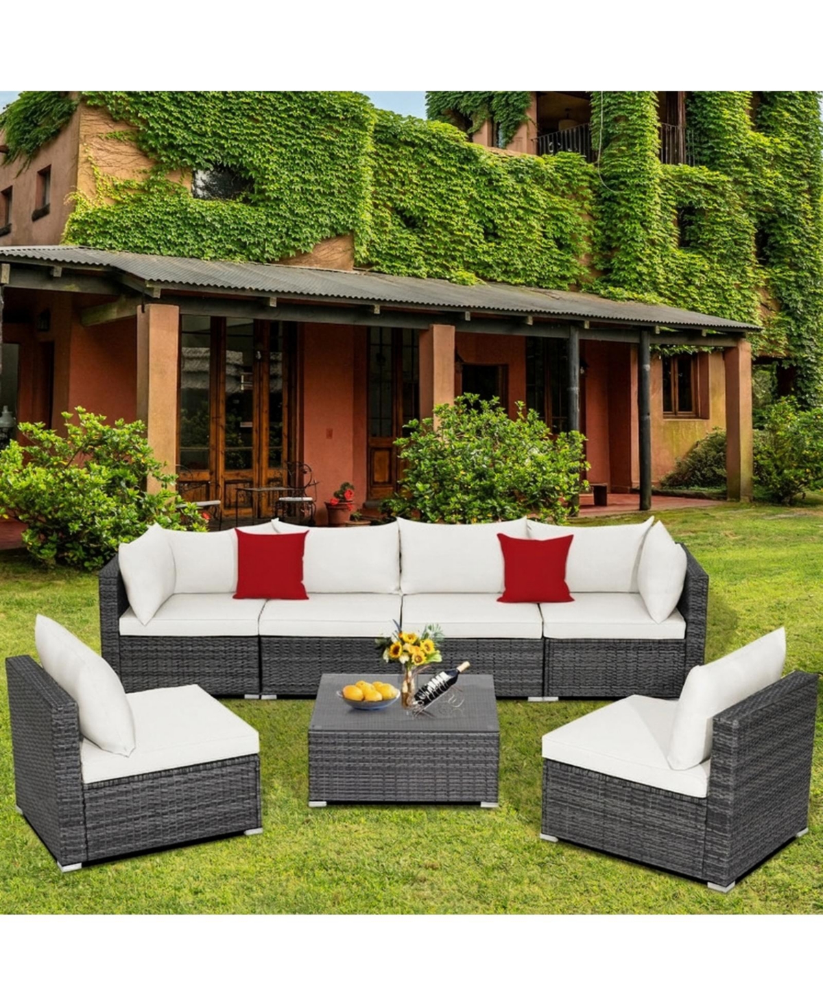 Gouun Patio Rattan Furniture Set Sectional Sofa Garden Cushioned Layout
