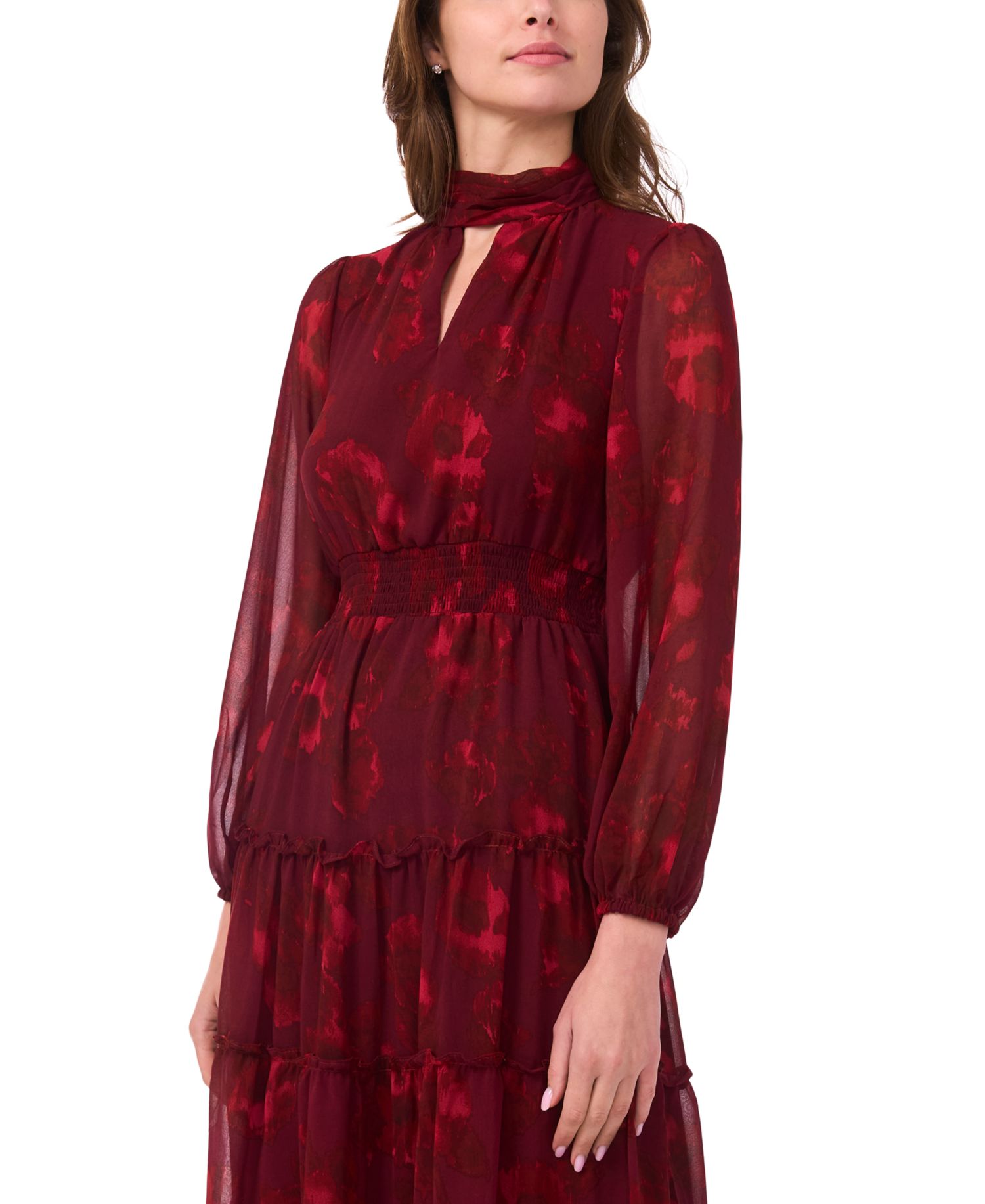 Petite Long-Sleeve Floral-Print Keyhole Dress