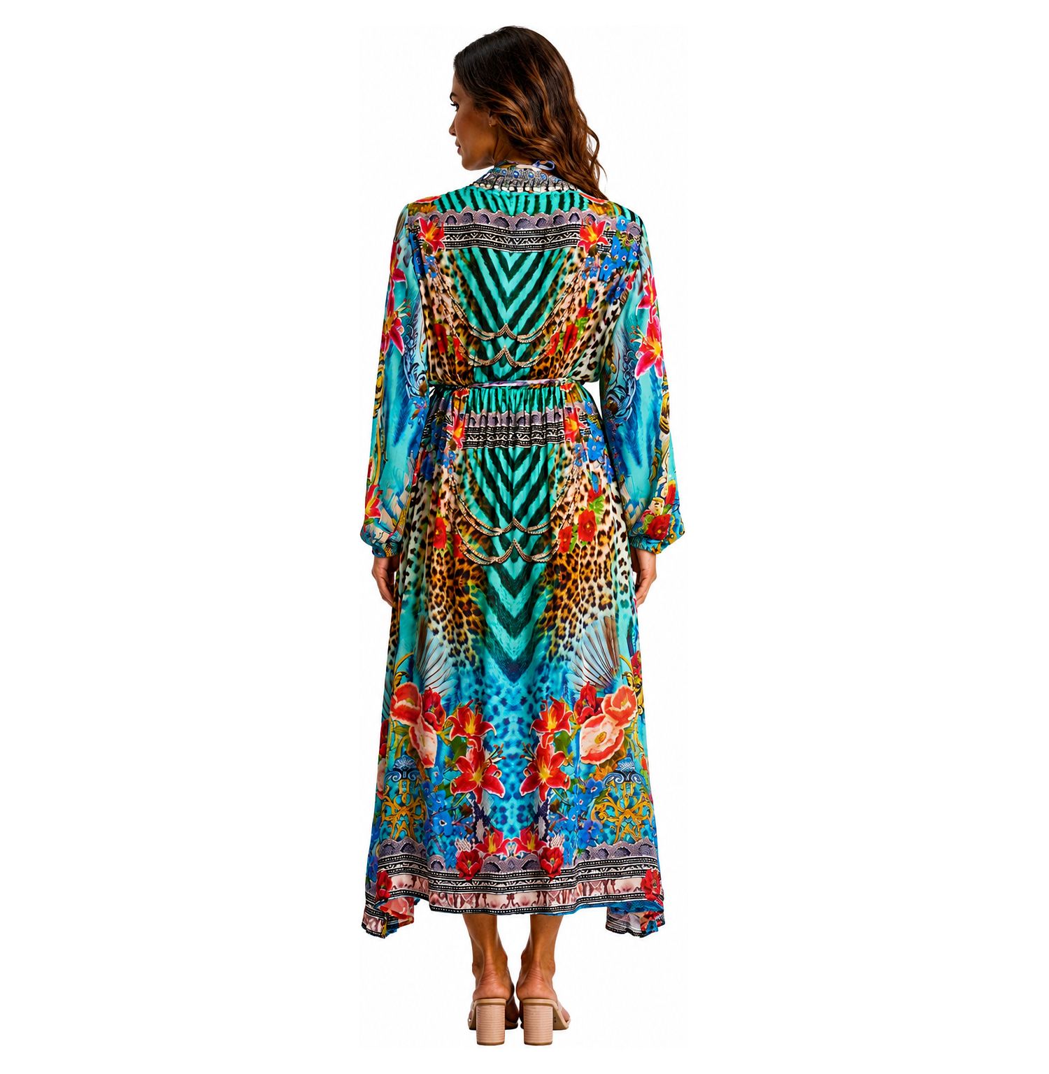 Women's Leopard-and-Floral-Print Long-Sleeve V-Neck Wrap Maxi Dress
