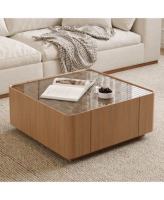 Square Glass Coffee Table Walnut Frame Storage Drawers Modern Living Room Table