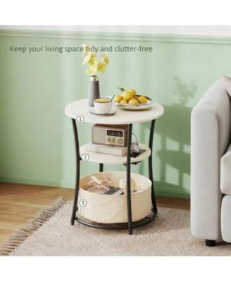 Round Side Table with Charging Station 3 Tier Storage Fabric Bag