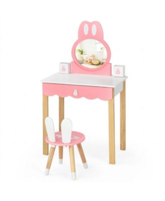 Kids Rabbit Vanity Table Chair Set with Detachable Mirror and Drawer