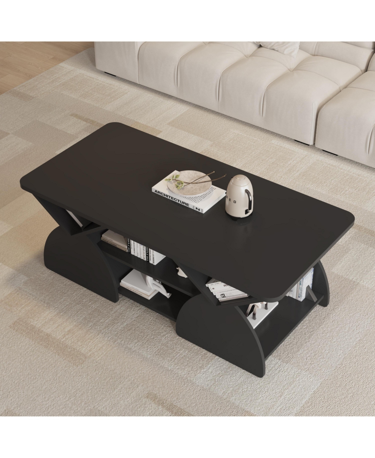 flynama Modern Rectangular Coffee Table with Storage Shelves Engineered Wood
