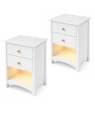 2 Set of Nightstand with Power Outlets | Open Storage and LED Light Strip, Modern Mid Century Bed Table with 2 Drawers, Bed Table