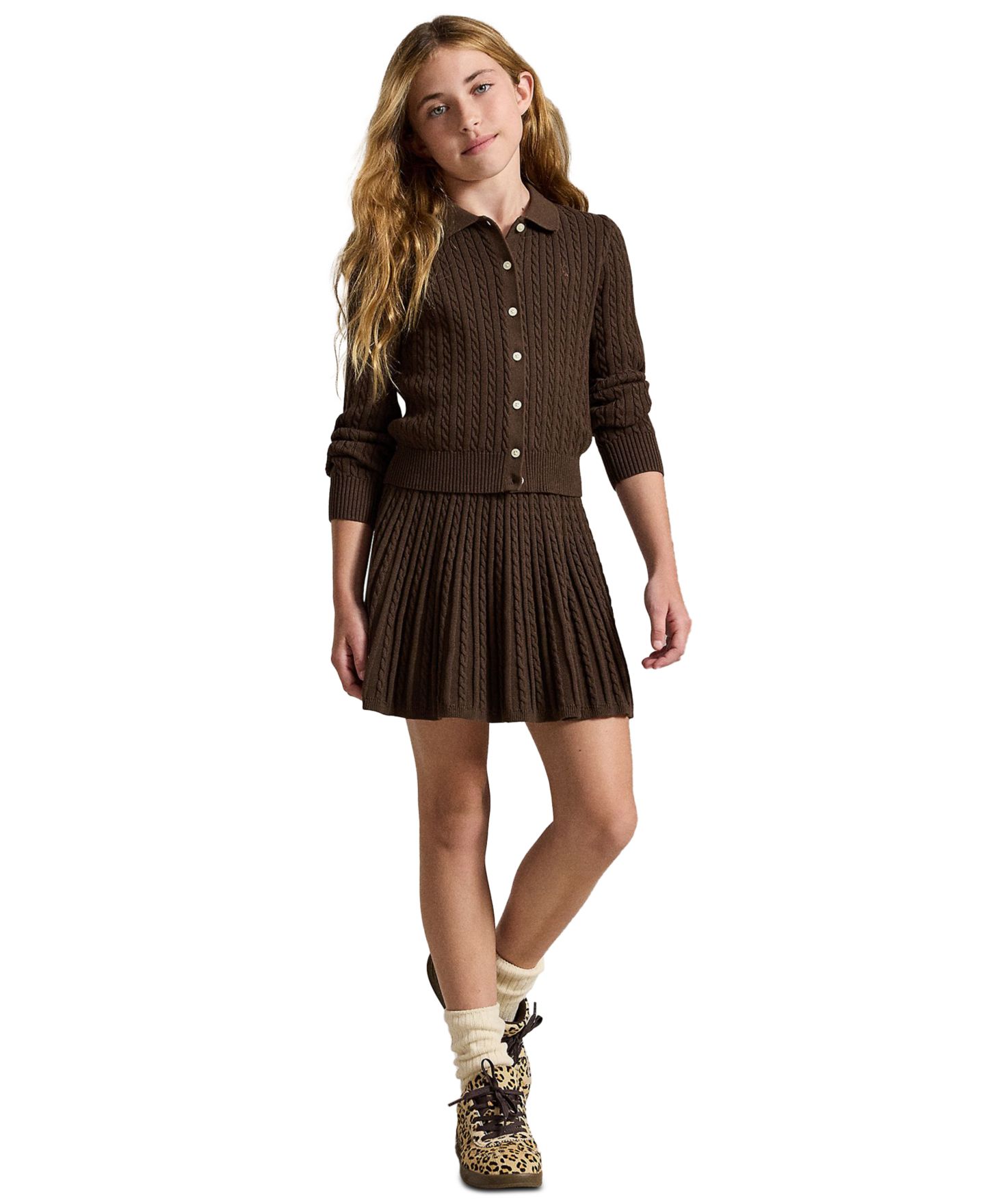Комплект Polo Ralph Lauren Polo Cardigan Sweater and Skirt, 2-Piece Set для девочек, цвет: Коричневый — фото 2