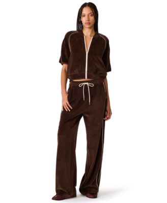 Women's Velour Long-Sleeve Zip Track Jacket and Wide-Leg Drawstring Track Pants