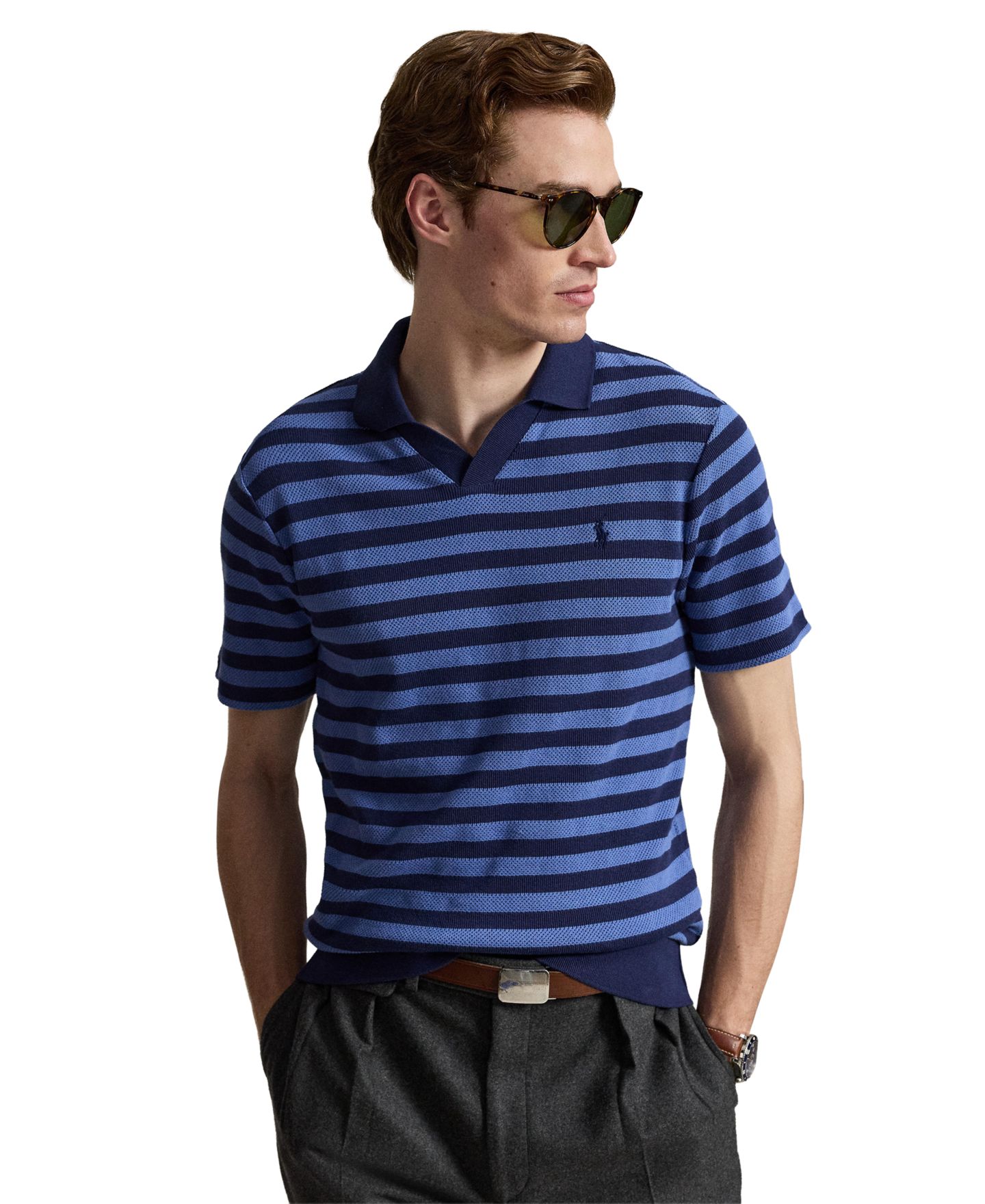 Мужское поло Polo Ralph Lauren Short-Sleeve Textured Polo Shirt, цвет: Тёмно-синий / Синий — фото 1