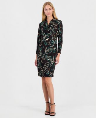 Women's Cowl Neck Sheath Long-Sleeve Paisley-Print Dress