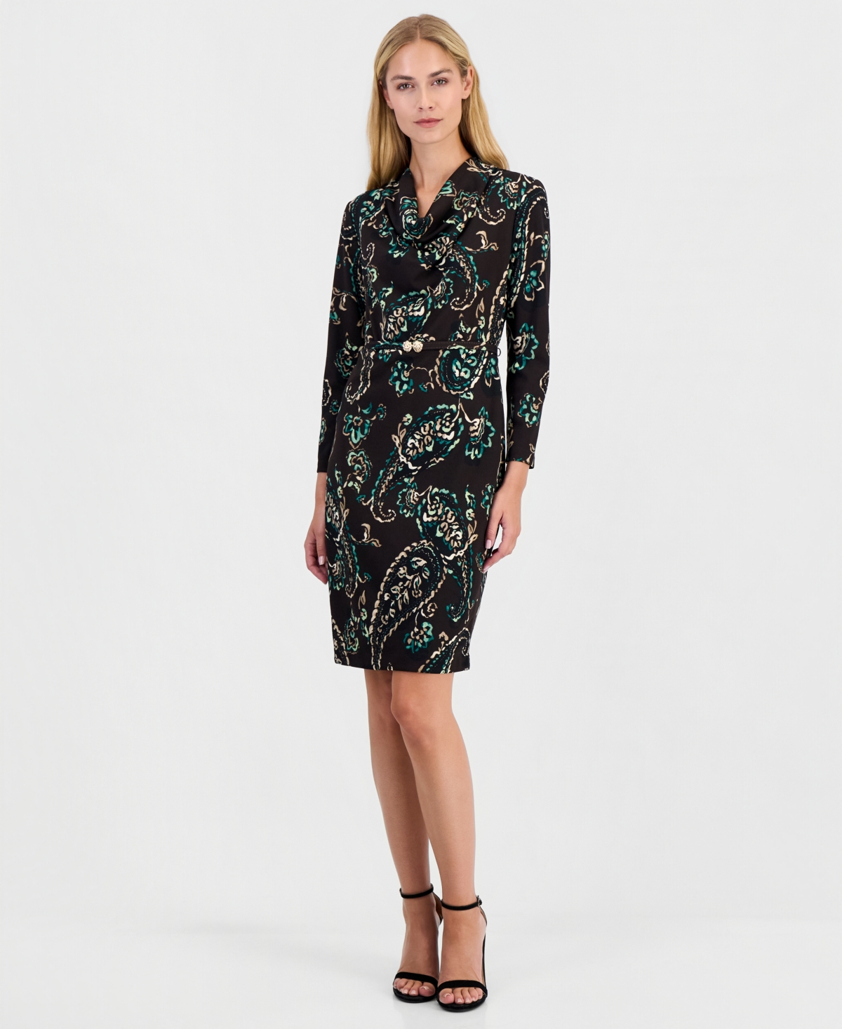 Anne Klein Women's Cowl Neck Sheath Long-Sleeve Paisley-Print Dress