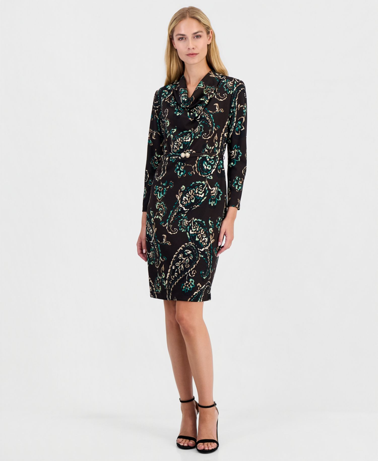 Women's Cowl Neck Sheath Long-Sleeve Paisley-Print Dress