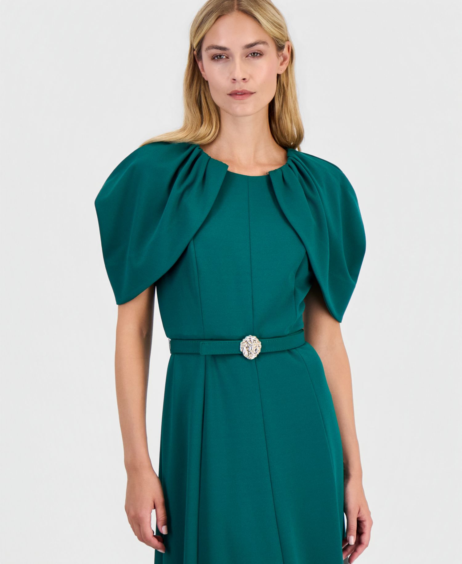 Women's Cowled-Cold-Shoulder Caplet-Sleeve Scuba Crepe Dress