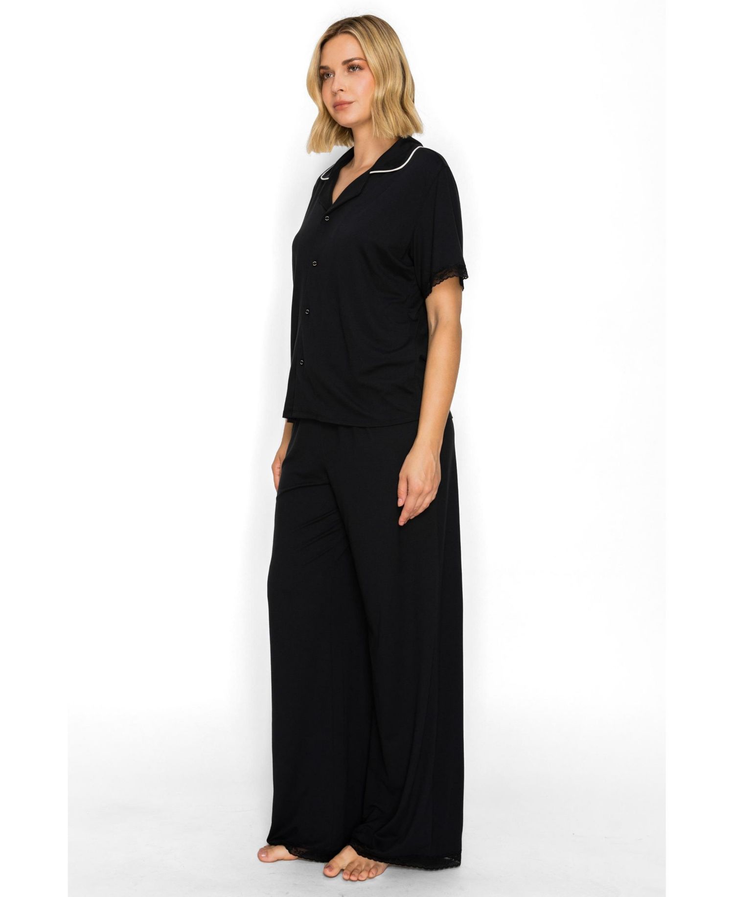 Women's Yummy Short-Sleeve Button-Up Wide-Leg Top and Pants Set