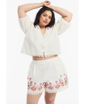 Plus Size High-Waisted Lace-Trim Embroidered Poplin Shorts, 4" Inseam